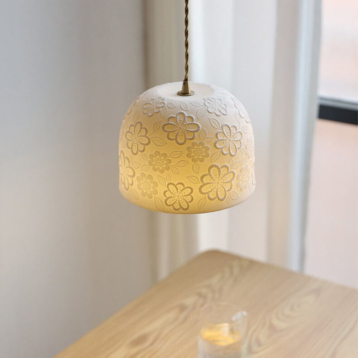 Contemporary Nordic Flower Pattern Ceramic Iron Brass Round Drum 1-Light Pendant Light