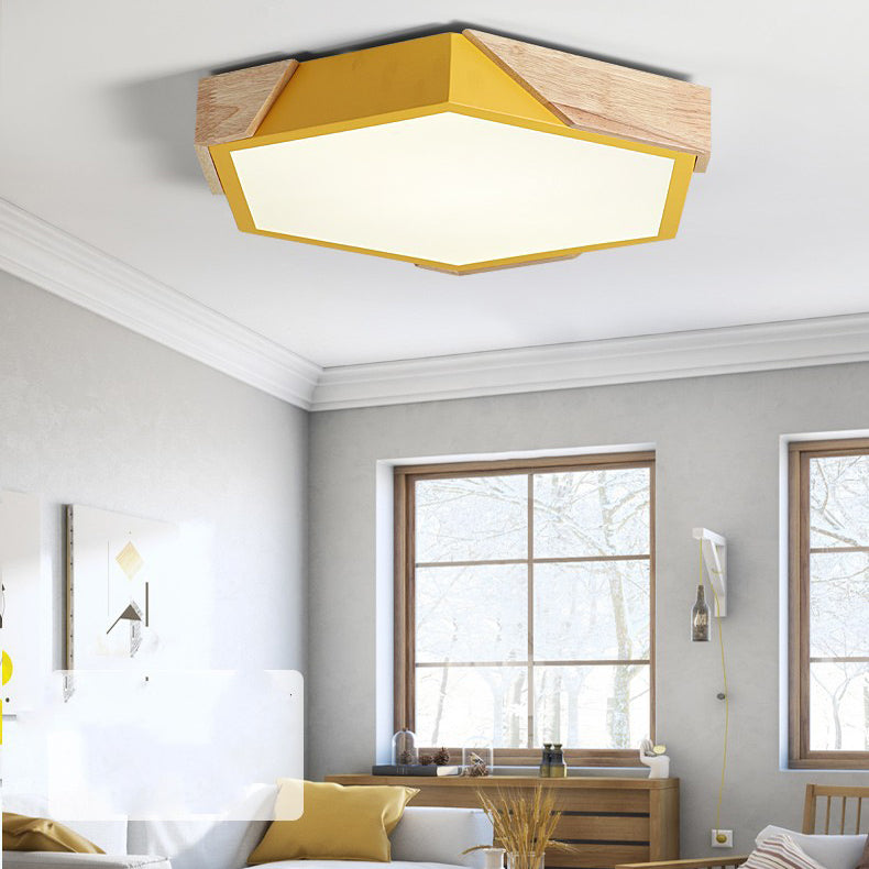 Contemporary Scandinavian Hexagonal Iron Wood Macaron LED Flush Mount Ceiling Light For Bedroom