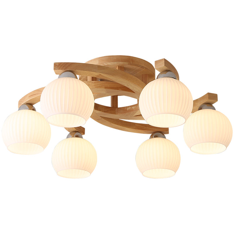 Traditional Japanese Solid Wood Striped Glass Round Shade Branch 3/4/6 Light Semi-Flush Mount Ceiling Light For Living Room
