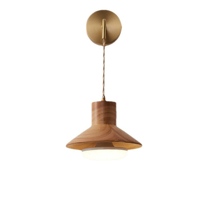 Applique Murale Traditionnelle Japonaise en Bois Rond avec Verre Cuivre 1 Lumière Pour Salon 
