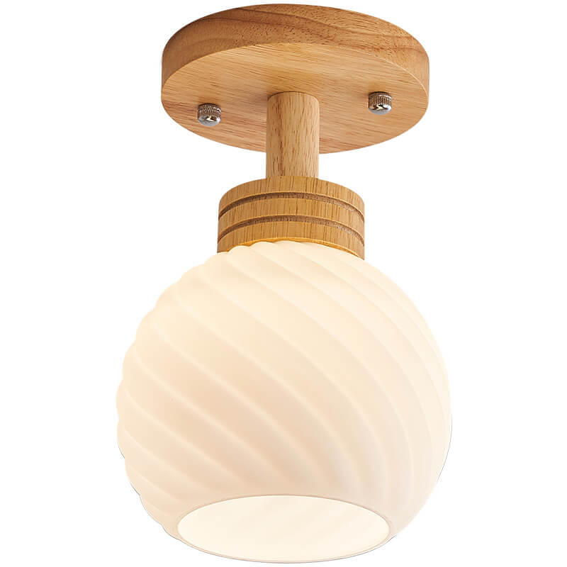 Traditional Japanese Spherical Glass Shape Wood Base1-Light Semi-Flush Mount Ceiling Light For Living Room