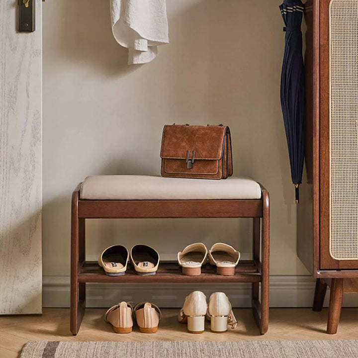 Modern Minimalist Rectangular Faux Leather Solid Wood Shoe Storage 1-Shelf For Entryways