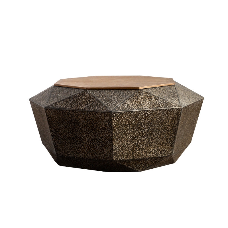 Mesa de café geométrica de hierro y madera de pino con diseño retro contemporáneo de 1 estante para sala de estar 