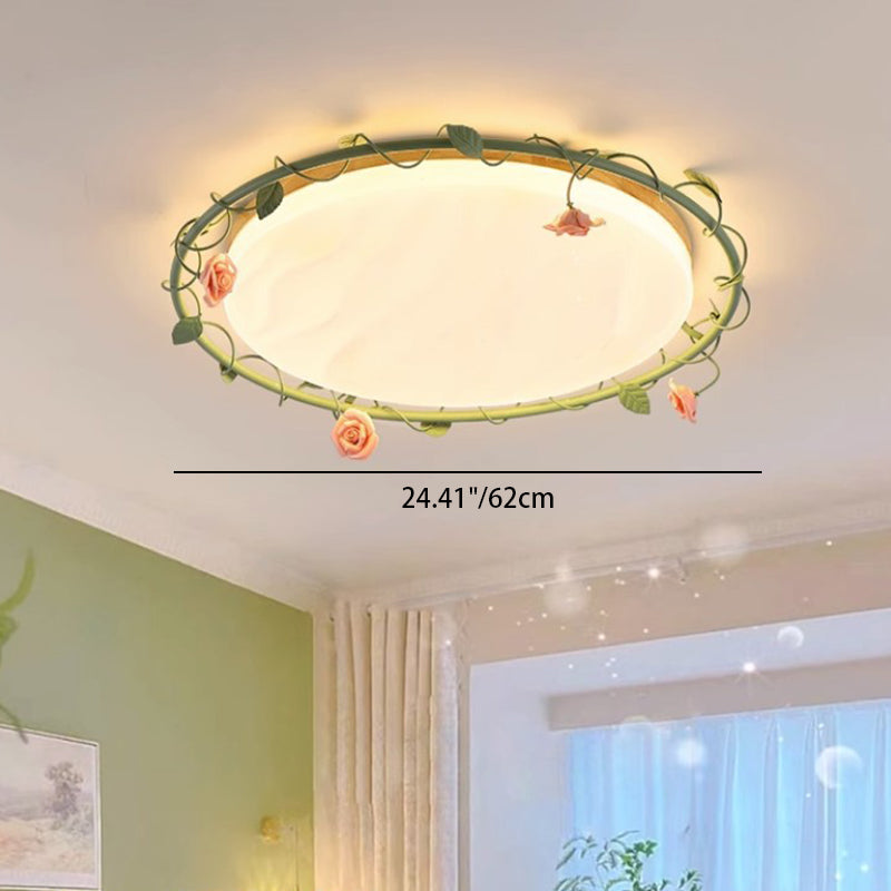Contemporary Creative Round Square Rose Leaf Iron Rubberwood Acrylic LED Flush Mount Ceiling Light For Bedroom