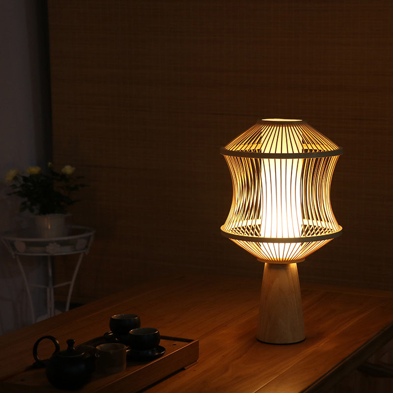 Traditional Japanese Nan Bamboo Solid Wood Geometric Cage Column 1-Light Table Lamp For Living Room &amp; Bedroom