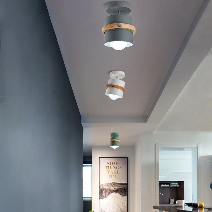 Contemporary Nordic Round Cylinder Iron Solid Wood 1-Light Semi-Flush Mount Ceiling Light For Hallway