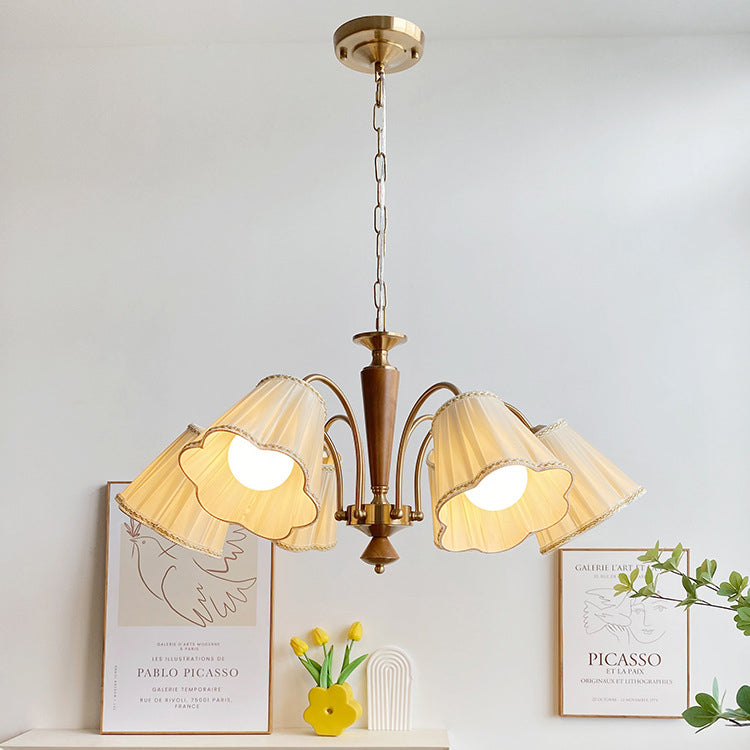 Chandelier traditionnel en tissu floral à branches françaises en bois de caoutchouc et fer avec 3/6/8 lumières pour chambre 