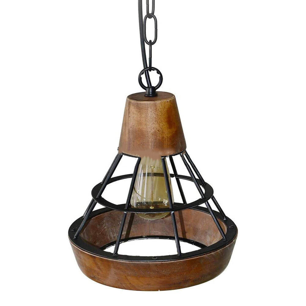 Französische industrielle Schmiedeeisen-Holz-Trichterrahmen 1-Licht-Pendelleuchte 