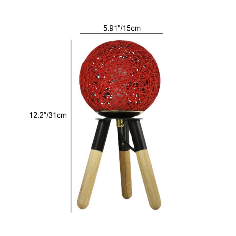 Contemporary Nordic Faux Rattan Ball Wood Metal Tripod 1-Light Table Lamp For Bedroom