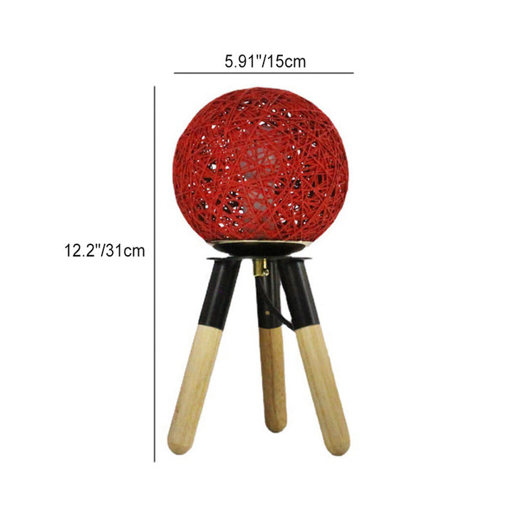 Contemporary Nordic Faux Rattan Ball Wood Metal Tripod 1-Light Table Lamp For Bedroom