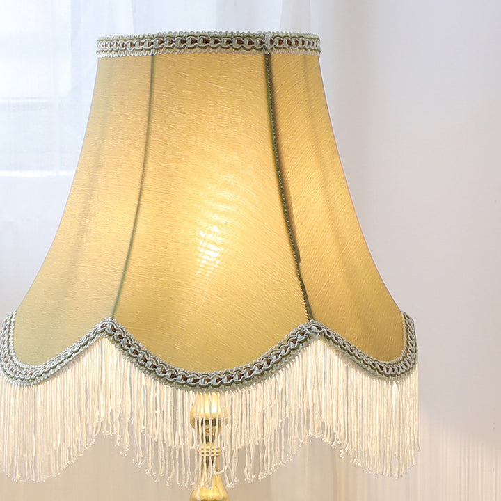 Traditional Vintage Round Copper Fabric Cylinder Fringed Trapezoid 1-Light Table Lamp For Bedroom