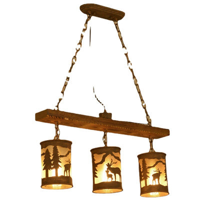 Industrial Retro Creative Long Strip Wood Cylinder Lampshade 3/5-Light Chandelier