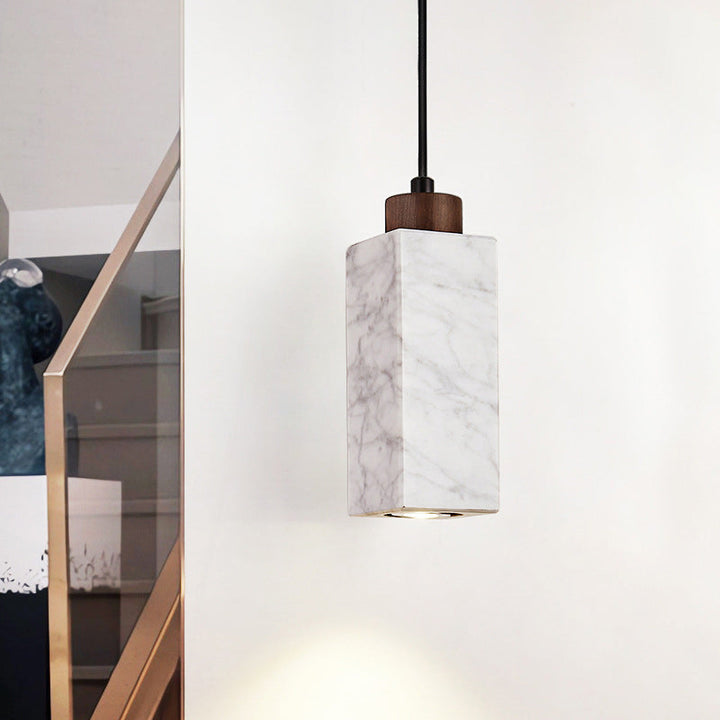Lámpara colgante moderna minimalista rectangular de madera maciza y mármol de 1 luz para dormitorio 