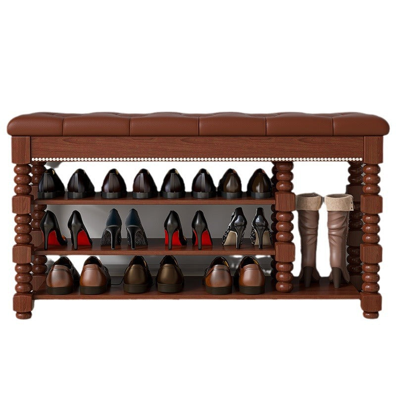 Contemporary Scandinavian Rectangular PU Leather Rubberwood Plywood Shoe Storage 3-Shelf For Entryways