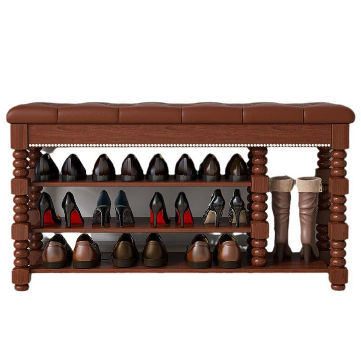 Contemporary Scandinavian Rectangular PU Leather Rubberwood Plywood Shoe Storage 3-Shelf For Entryways