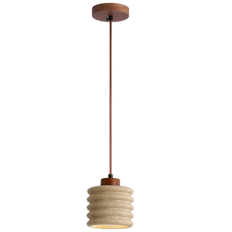 Japanese Wabi-Sabi Yellow Travertine Cylinder Lampshade Wood 1-Light Pendant Light