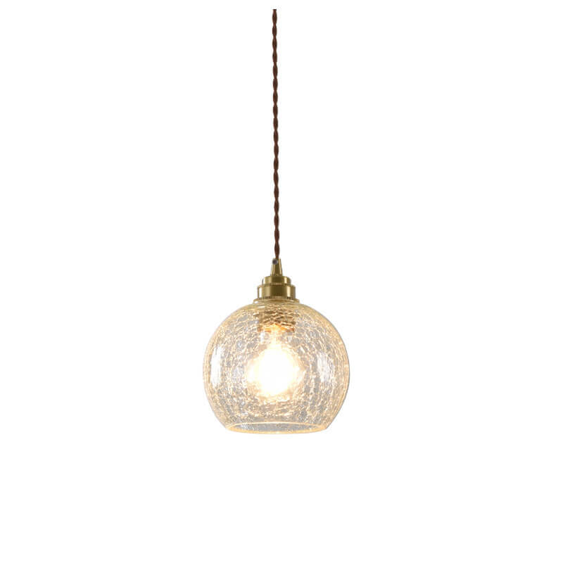 Japanese Vintage Round Crackle Glass Brass 1-Light Pendant Light