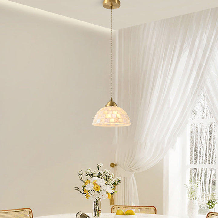 Lustre suspendu à 1 lumière avec design en coquille demi-ronde en vitrail de laiton traditionnel japonais pour chambre 