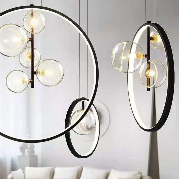 Lustre Suspendu Moderne Minimaliste Cercle Orbe Fer Verre 1/3/5 Lumière Pour Salon 