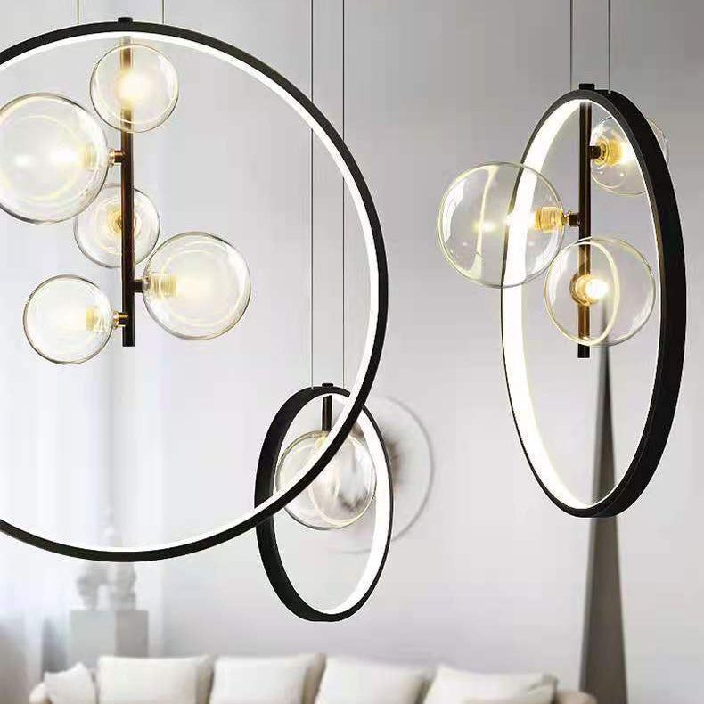 Lustre Suspendu Moderne Minimaliste Cercle Orbe Fer Verre 1/3/5 Lumière Pour Salon 