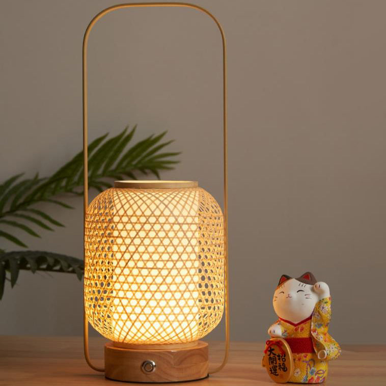 Contemporary Boho Bamboo Weaving Handheld Cylinder LED Touch Dimmable Table Lamp For Bedroom