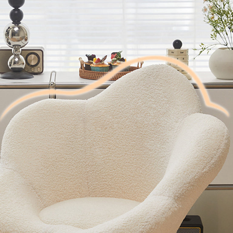 Moderner kreativer runder Schminkhocker mit Rückenlehne aus Sherpa-Stoff und Metall in Blumenform für das Schlafzimmer 