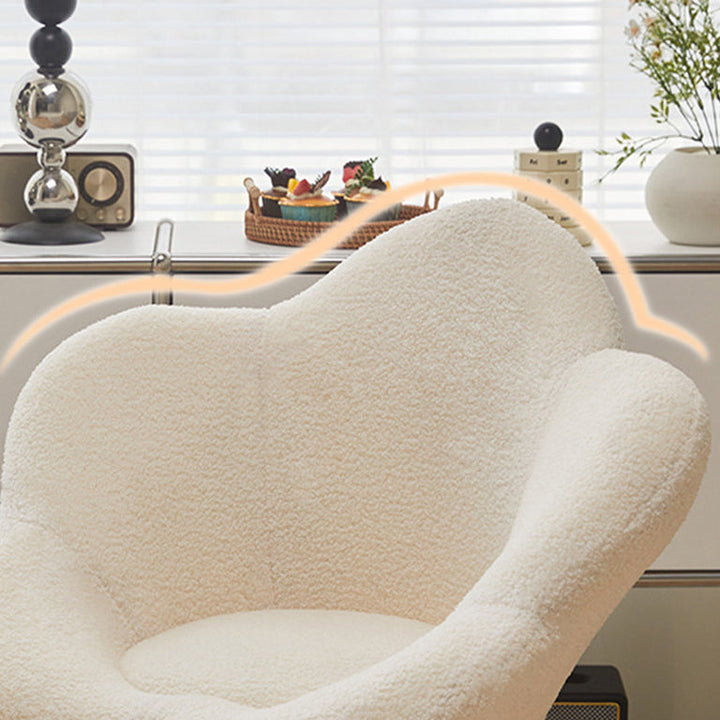 Moderner kreativer runder Schminkhocker mit Rückenlehne aus Sherpa-Stoff und Metall in Blumenform für das Schlafzimmer 