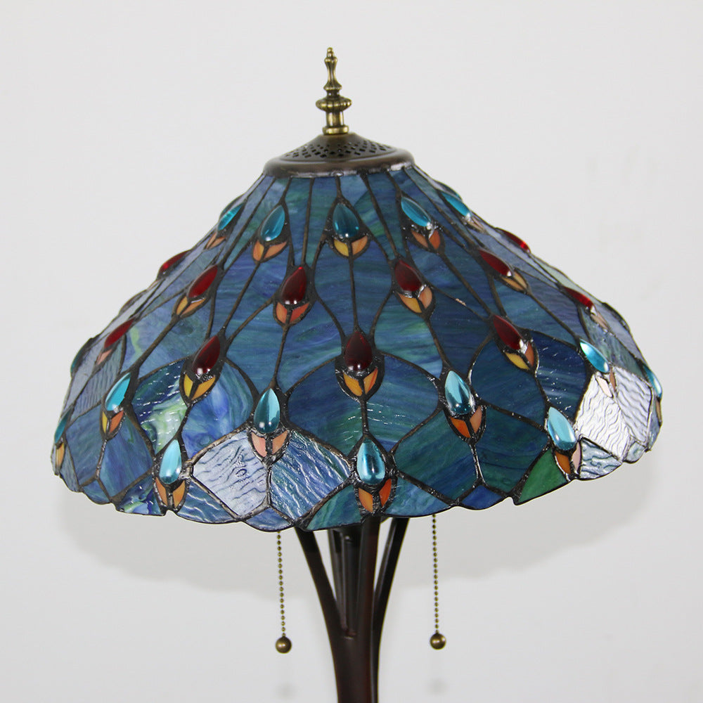 Lampe de sol traditionnelle Tiffany en résine avec dôme semi-circulaire en verre, motif de vache et fleur en diamant à 2 lumières pour salle à manger 