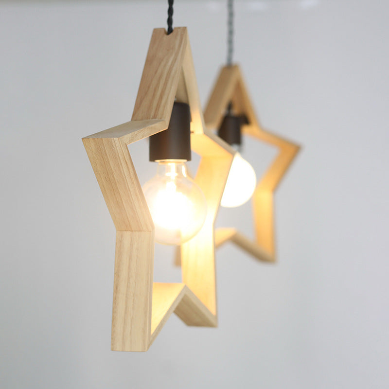 Zeitgenössische kreative Massivholz Pentagramm Stern 1-Licht Pendelleuchte für Wohnzimmer 