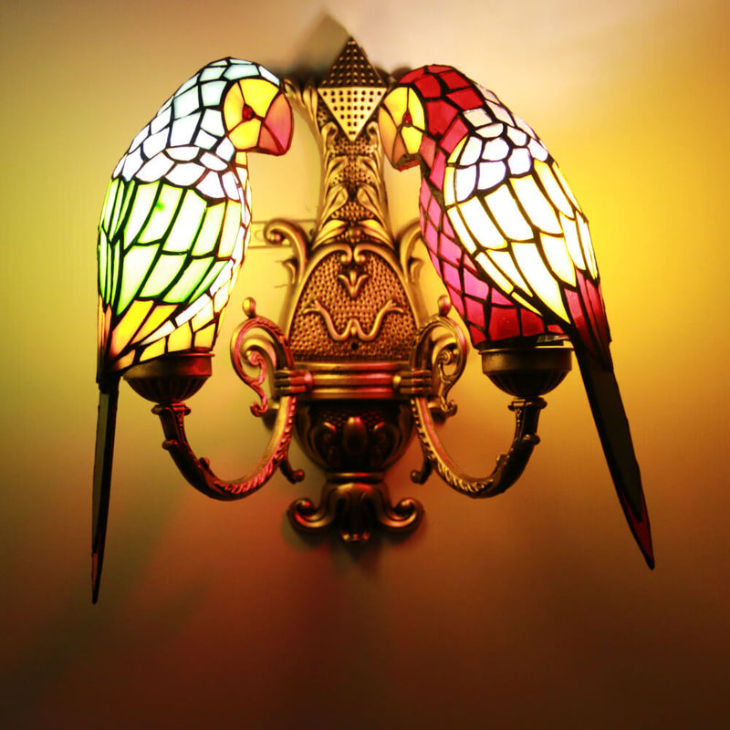 Tiffany Pastoral Double-Headed Parrot Stained Glass 2-Light Wall Sconce Lamp