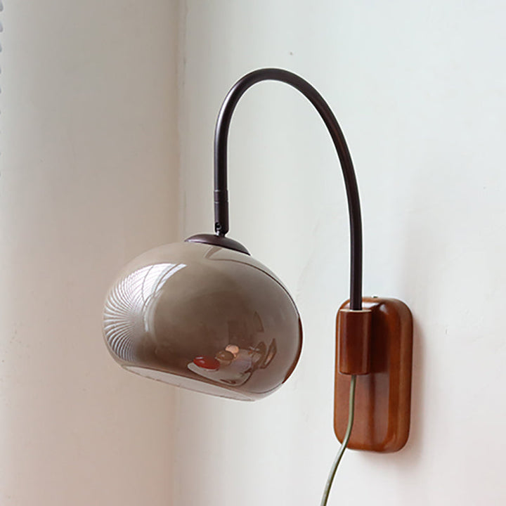 Lámpara de Aplique de Pared de 1 Luz con Varilla de Pesca de Madera y Vidrio en Forma de Media Luna Creativa Contemporánea para Dormitorio 