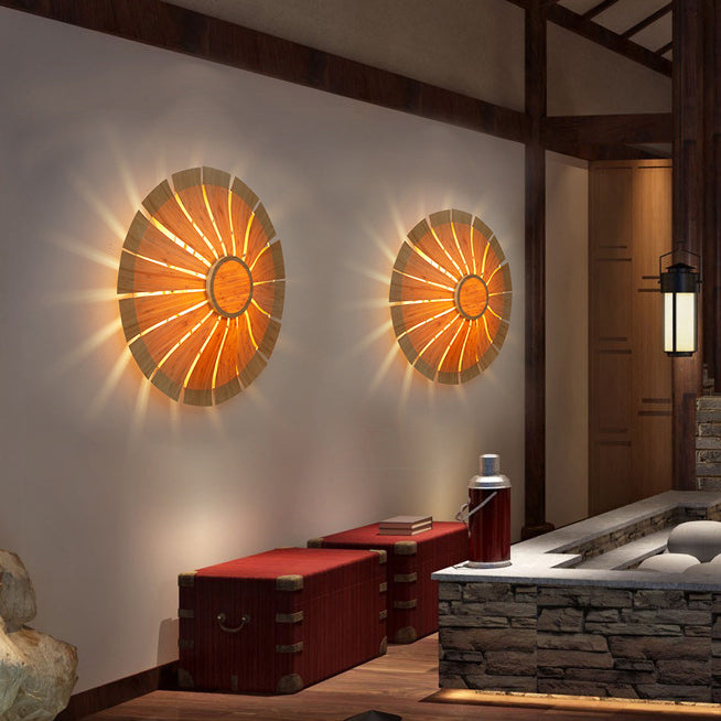 Traditionelle chinesische runde Bambus-Kunstpergament-Wandleuchte mit 1 Licht für Schlafzimmer 