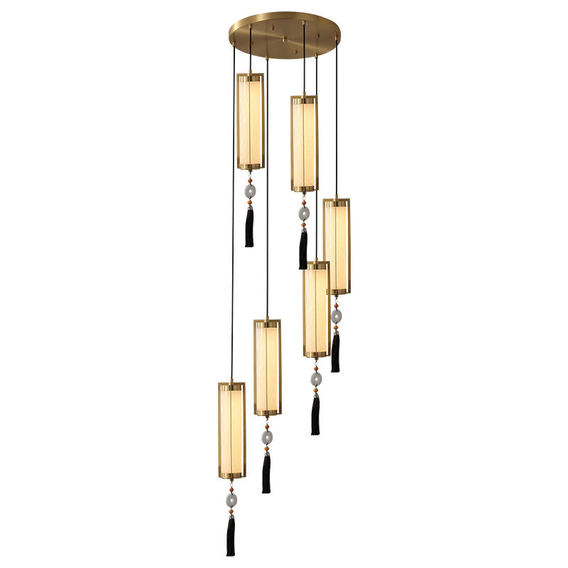 Traditional Chinese Copper Glass Cylinder Elliptical Hollow 1/3/6 Light Chandelier For Entryway