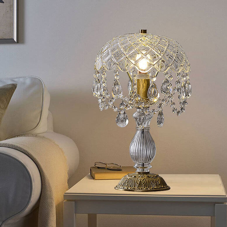 Modern Luxury Clear Glass Crystal Round Tassel Copper 1-Light Table Lamp for Bedroom