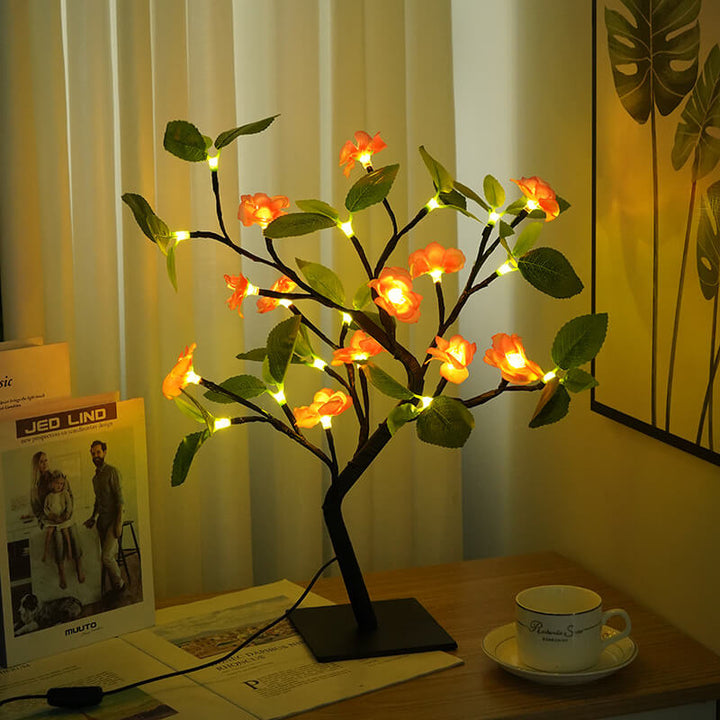 Modern Art Deco Simulation Peach Blossom Tree Green LED Tree Decoration Table Lamp For Bedroom