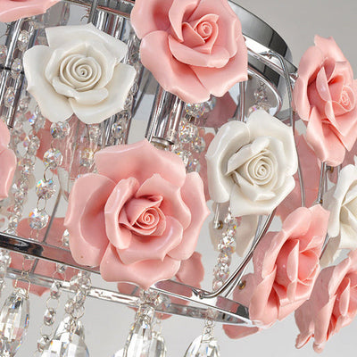 Moderne Minimaliste Rose Ronde Cristal Branche Cristal Fer 5/6 Lumière Plafonnier Pour Chambre 