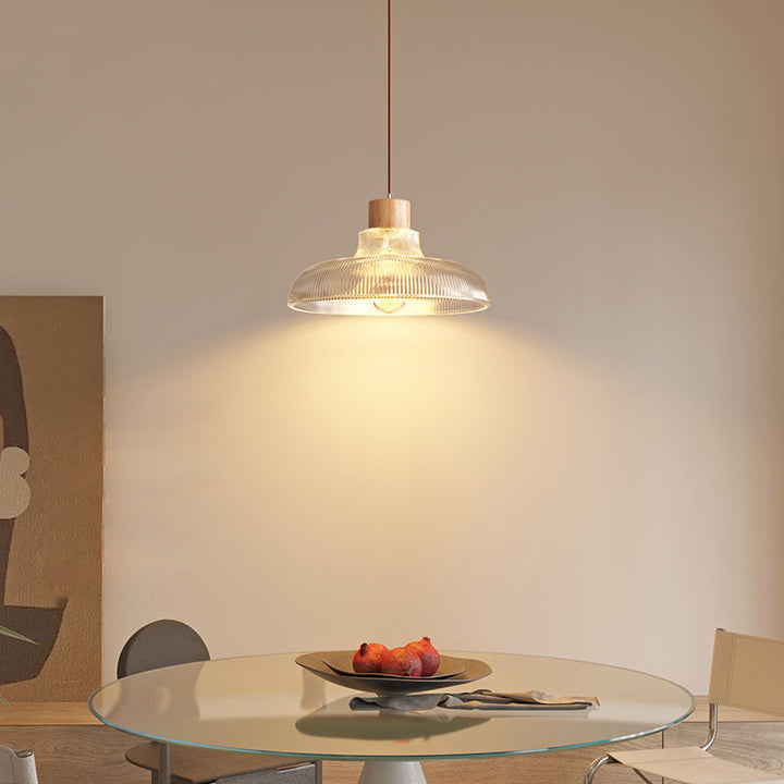 Zeitgenössische Retro Holz Vertikal Glas Runde Schatten 1-Licht Pendelleuchte für Wohnzimmer 