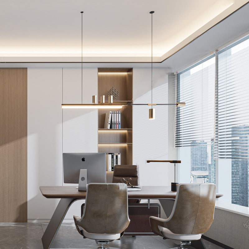 Lustre moderne minimaliste avec monogramme, cylindre long en acrylique et cuivre à 5 lumières pour salon 