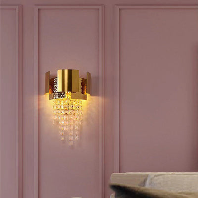 Applique Murale Moderne en Acier Inoxydable Doré de Luxe avec Pampilles en Cristal et 2 Lumières pour Salon 