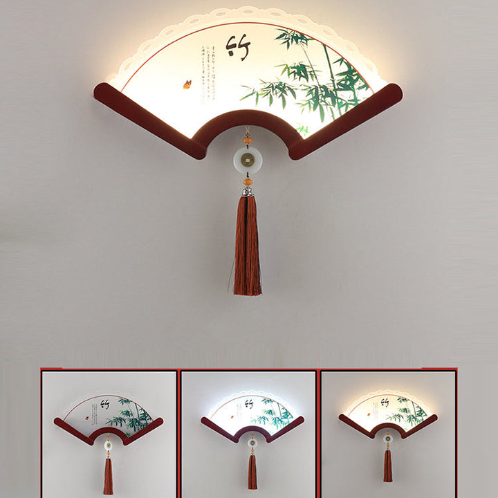 Aplique de pared LED con pantalla de elementos de planta acrílicos festoneados tradicionales chinos y borde de madera para sala de estar 