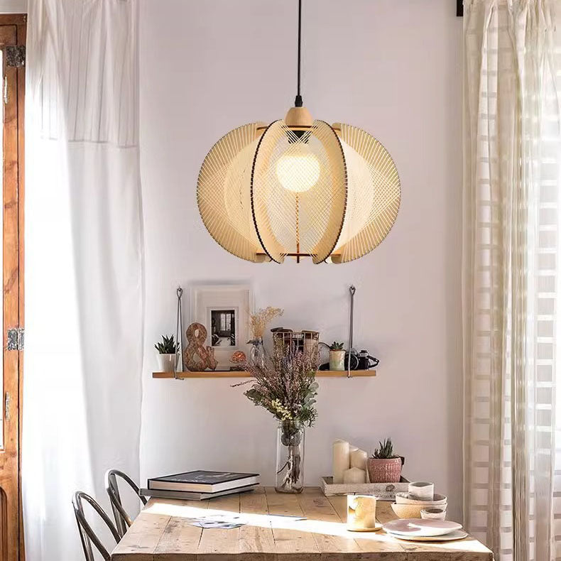 Lámpara Colgante Tradicional Japonesa Ovalada de Filigrana de Madera de 1 Luz para Sala de Estar 