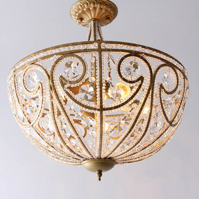 Traditional French Crystal Bead Strings Bowl Gold Iron 5-Light Semi-Flush Mount Ceiling Light For Living Room