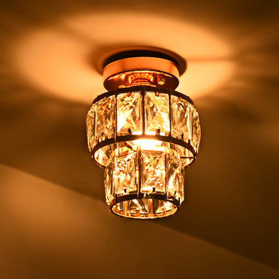 Zeitgenössische Luxus-Deckenleuchte mit Edelstahlrahmen und doppelten Kristallringen, 1-flammig, halbbündige Montage, für Wohnzimmer 