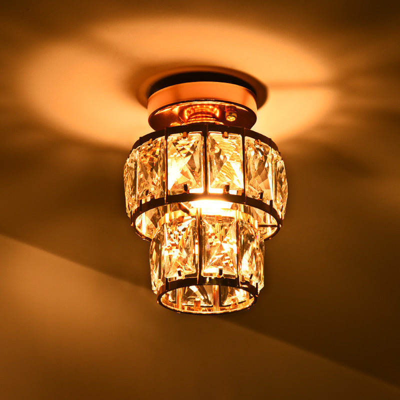 Zeitgenössische Luxus-Deckenleuchte mit Edelstahlrahmen und doppelten Kristallringen, 1-flammig, halbbündige Montage, für Wohnzimmer 