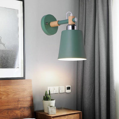 Contemporary Scandinavian Cylindrical Wooden Iron 1-Light Wall Sconce Lamp For Bedroom