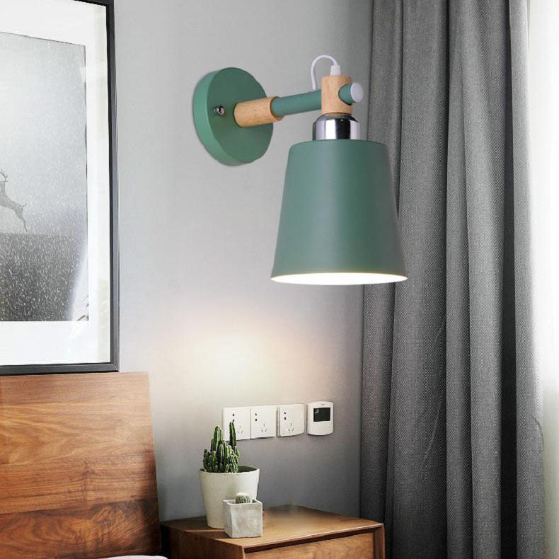 Contemporary Scandinavian Cylindrical Wooden Iron 1-Light Wall Sconce Lamp For Bedroom