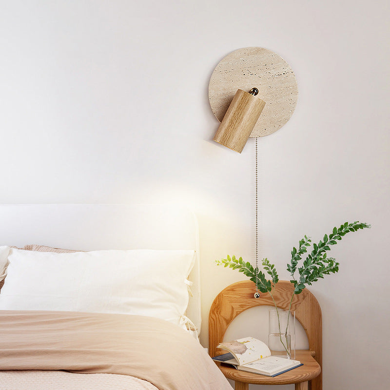 Moderne Mid-Century Runde Zylinder Massivholz Beige Travertin 1-Licht Wandleuchte Lampe für Schlafzimmer 