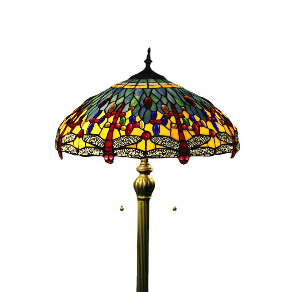 Lámpara de pie de 2 luces con cúpula de resina de vidrio teñido de libélula vintage de Tiffany 