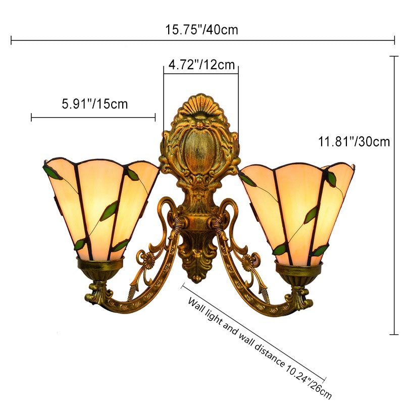 Applique murale à 2 lumières en verre résine fer Tiffany traditionnel conique feuillage pour couloir 
