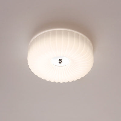 French Minimalist Cream Textured Glass Round LED Flush Mount Ceiling Light